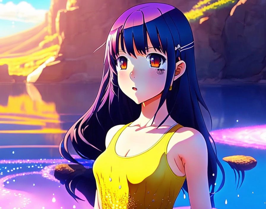 Dark-haired anime girl in yellow top by water at sunset.