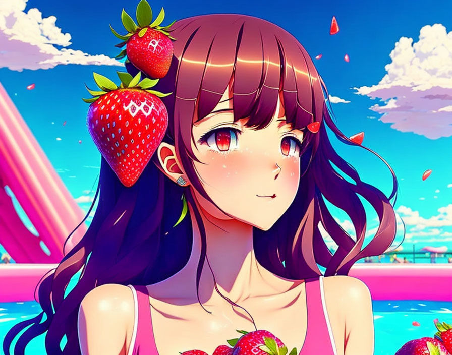 Brown-haired animated girl with strawberry hair clip near pool under pink sky.