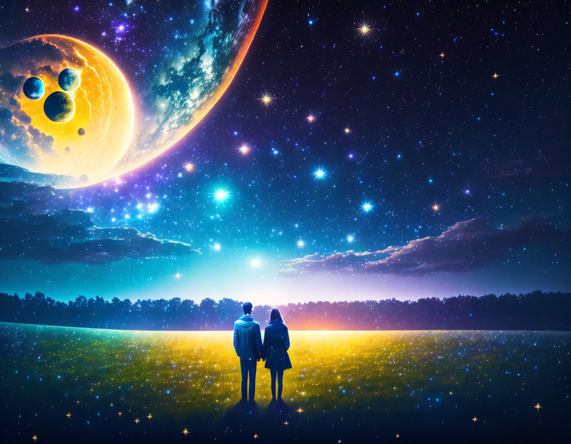 Couple standing in luminous field under starry sky with vivid planet.