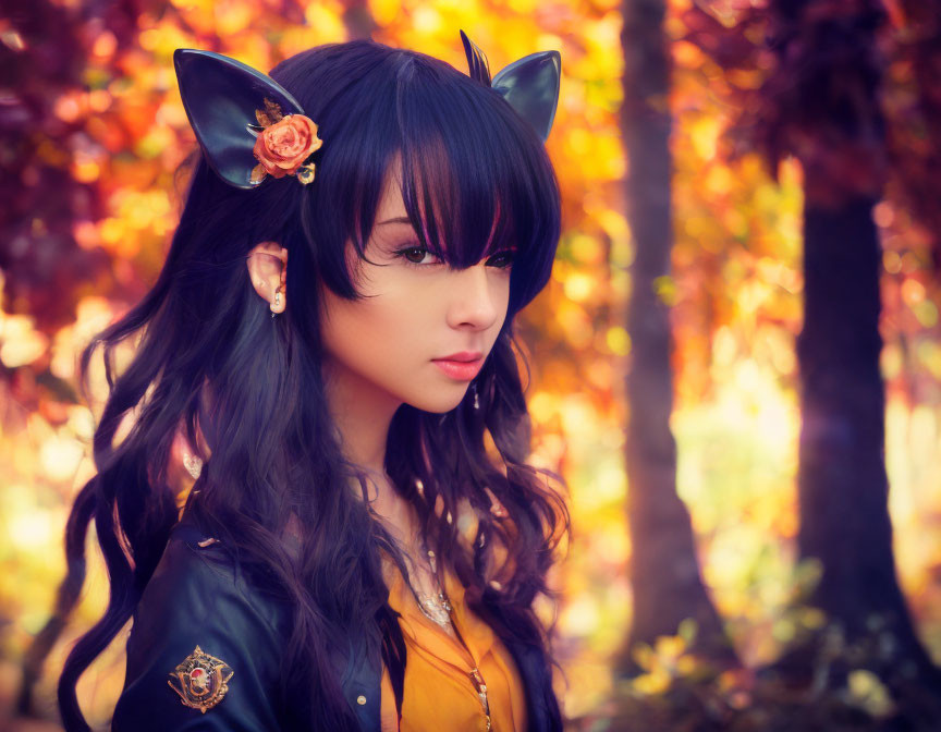 Black-Haired Person in Cat Ears with Flower Accessory in Anime Style