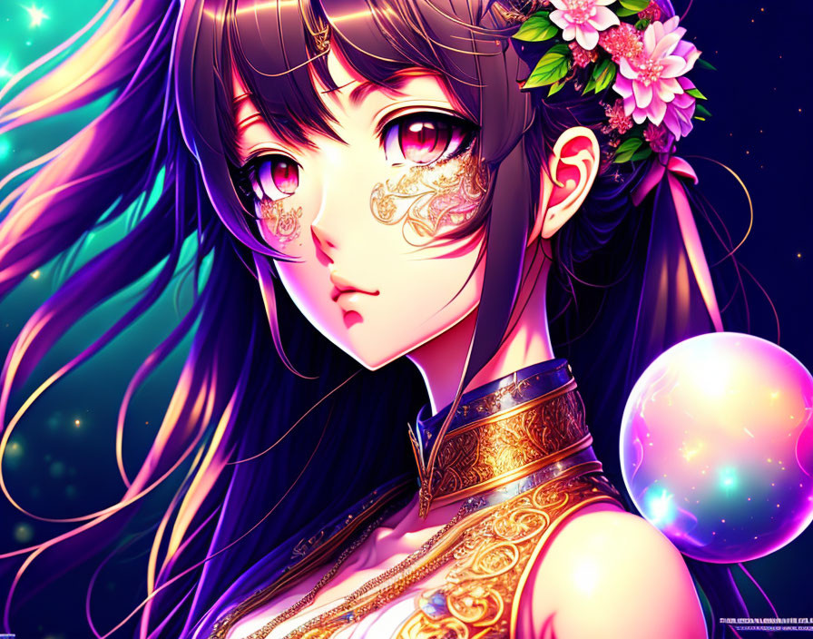 Anime girl with large purple eyes and floral tattoos in cosmic setting