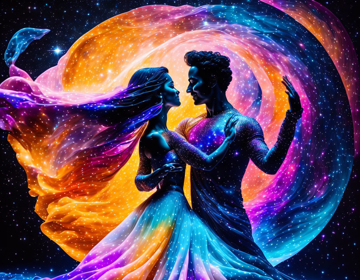 Colorful cosmic dance of galaxy-like couple in flowing attire