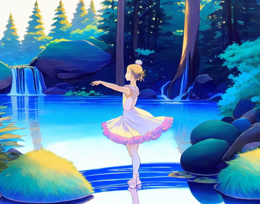 Graceful animated ballerina dances by serene blue pond in tranquil forest.