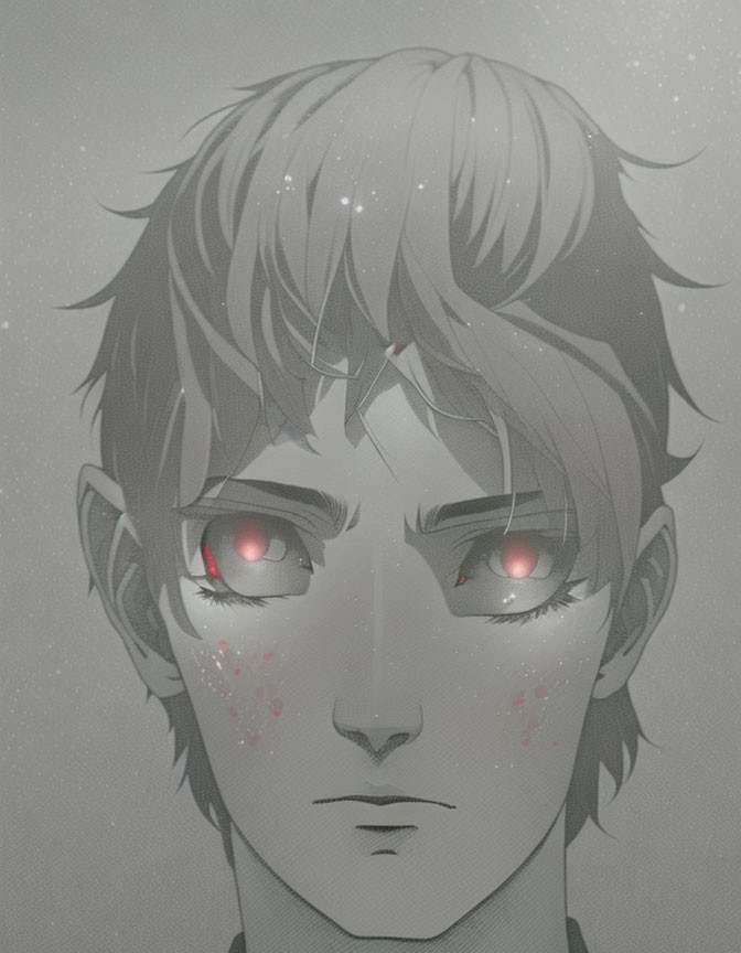 Illustration of a character with pointy ears, red eyes, and freckles on a grey