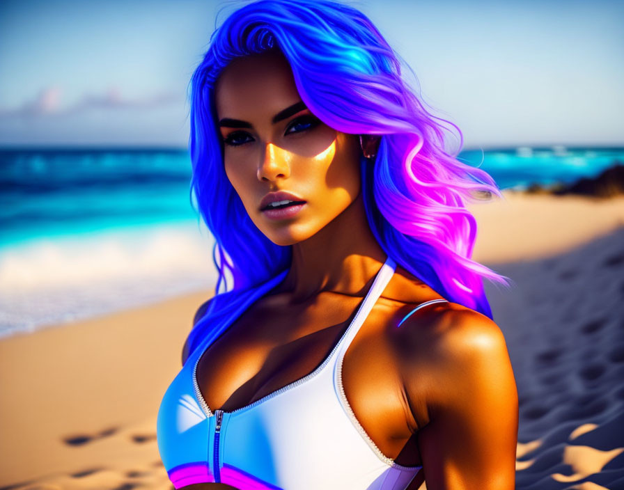 Colorful digital art: Woman with blue and purple hair at beach