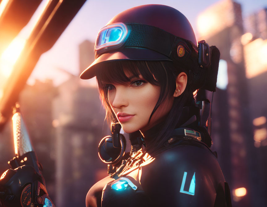 Futuristic female police character in 3D with glowing blue elements