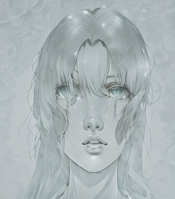 Illustrated portrait featuring person with silver hair, teary eyes, and floral background.