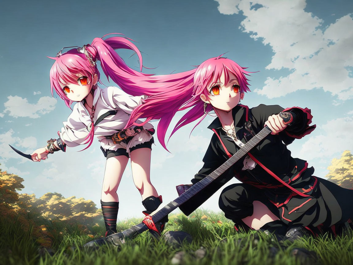 Anime-style female characters with pink hair and samurai swords in blue sky and grassy field.