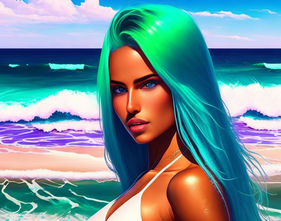 Digital Artwork: Woman with Green Hair on Beach