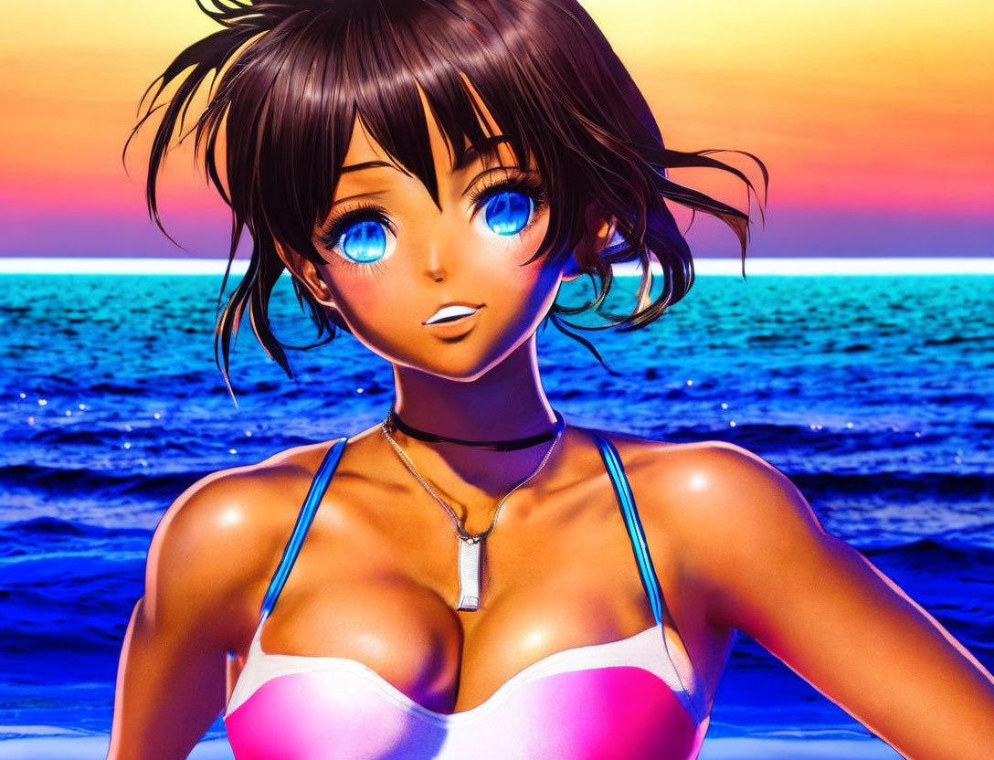 Anime character with tan skin, blue eyes, and brown hair in pink bikini on sunset beach