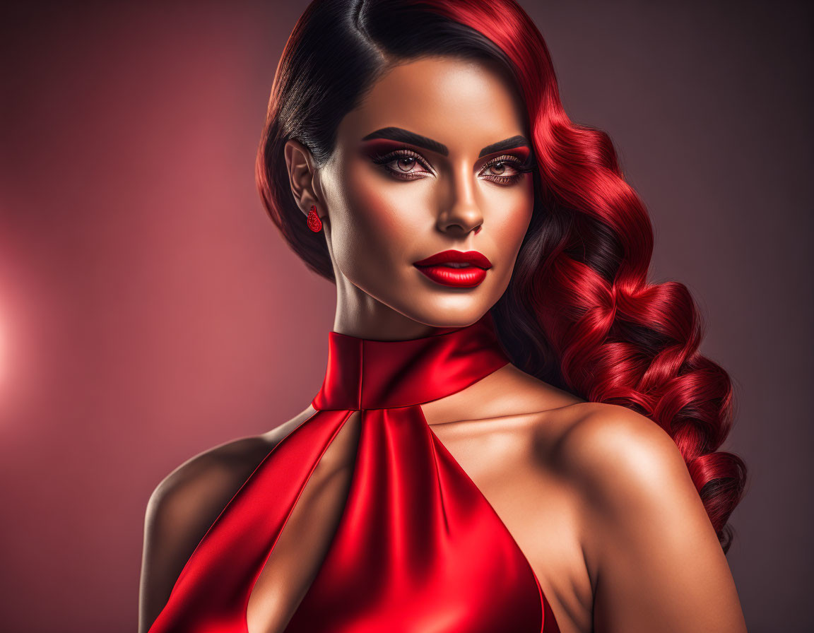 Glamorous woman with red lipstick and wavy hair in red satin dress