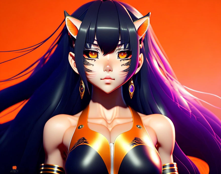 Stylized digital artwork of female character with cat ears and black hair