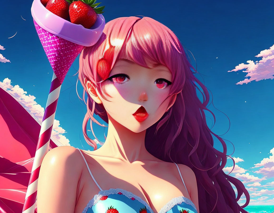 Anime-style girl with pink hair holding a strawberry ice cream cone under pink clouds.