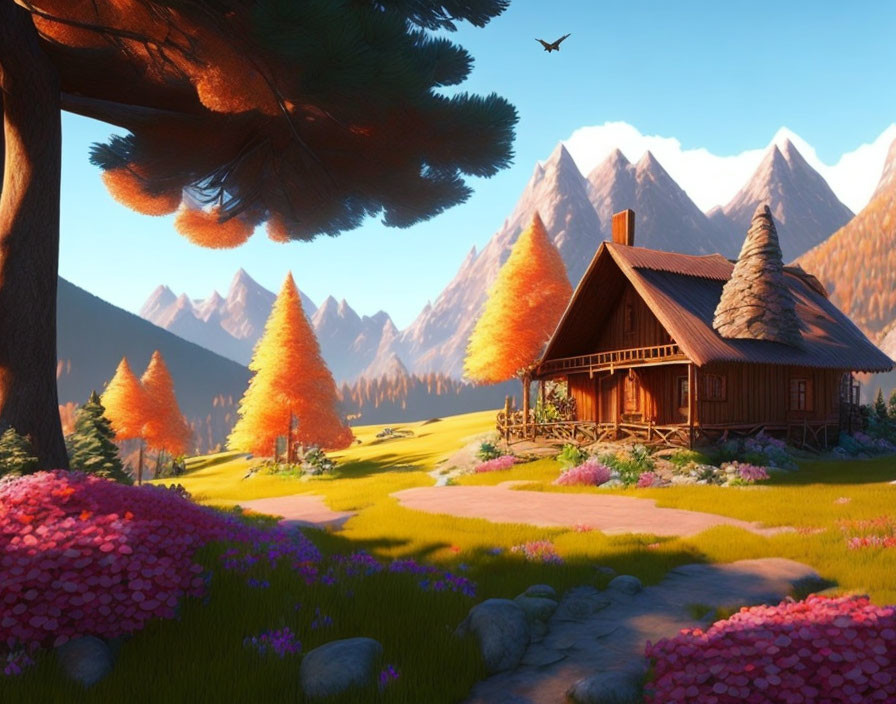 Autumnal scene: wooden cabin, vibrant trees, mountains, flowers