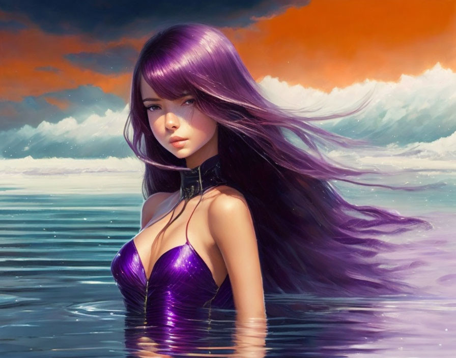 Digital art: Woman with purple hair and swimsuit emerging from water at sunset