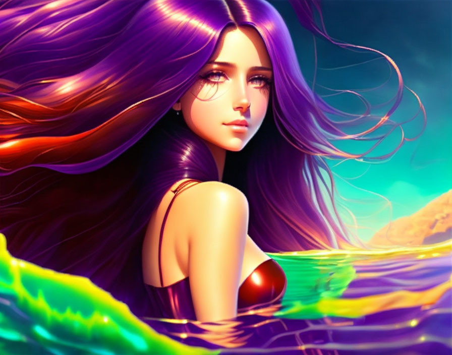 Digital artwork: Female character with flowing purple hair and ethereal glow on vibrant background