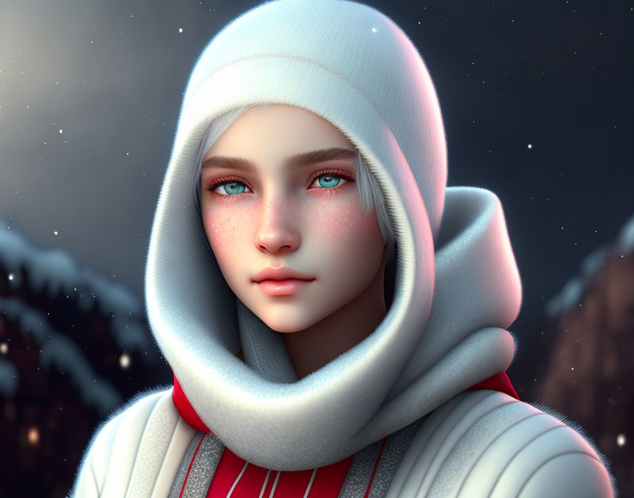 Portrait of a person with blue eyes in white hood on snowy night.