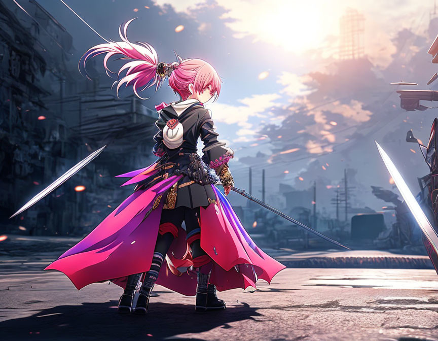 Pink-haired anime character in red cape with sword amidst urban ruins