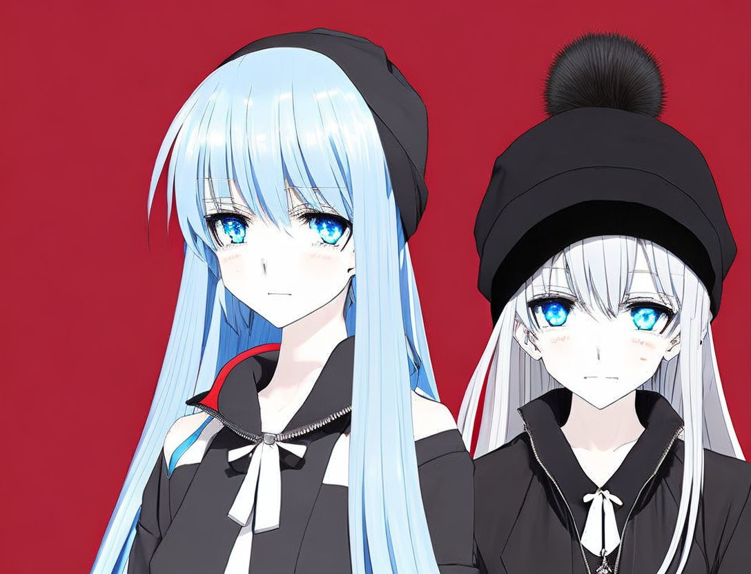 Anime-style girls with blue eyes and distinct hairstyles on red background.