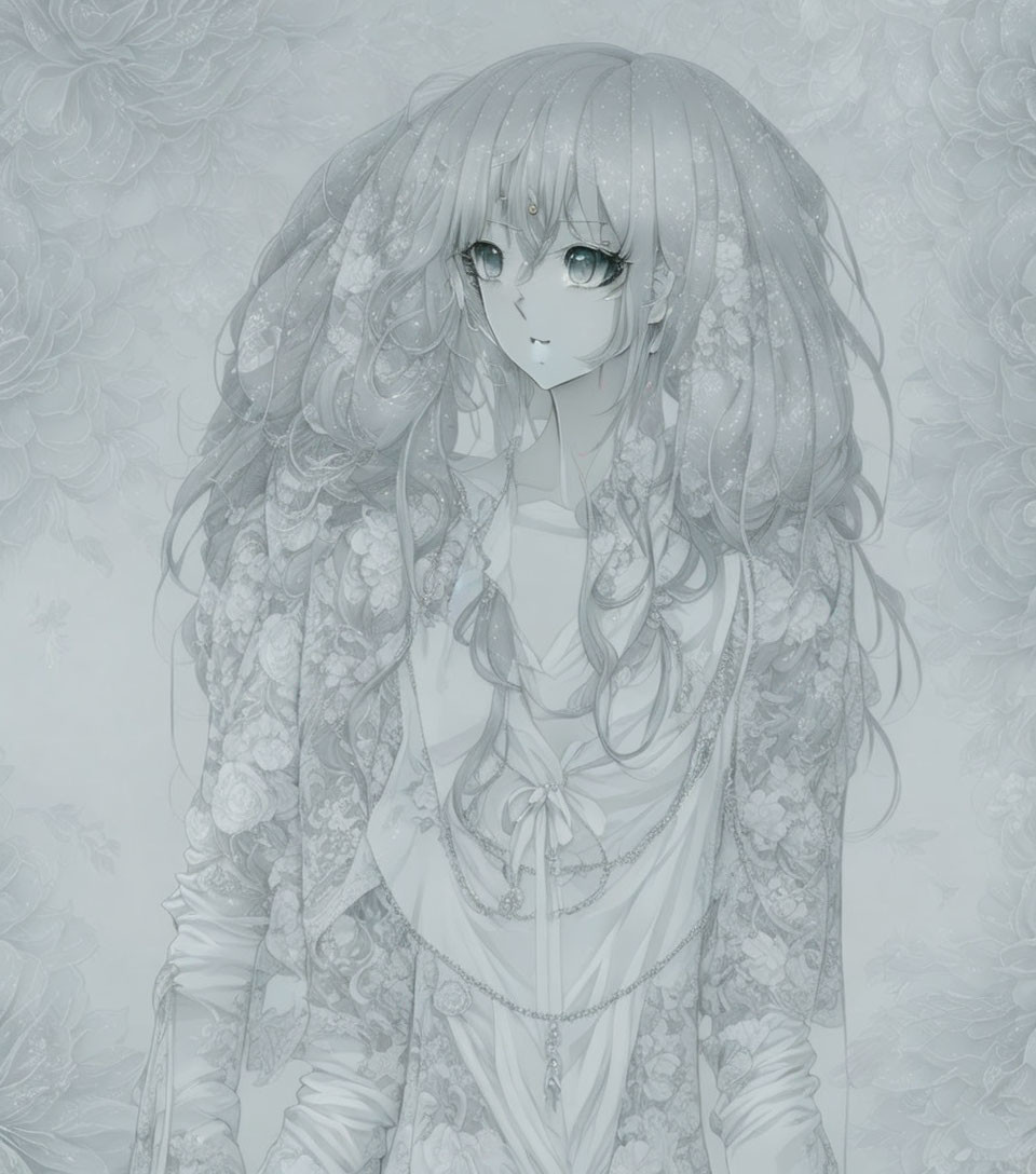 Monochrome anime girl with wavy hair and floral background