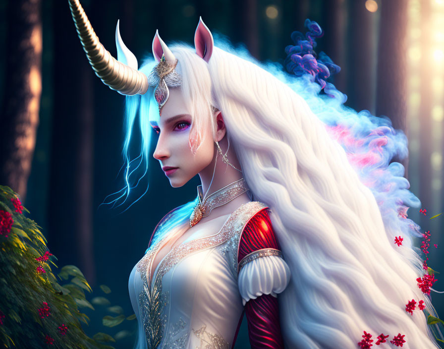 Mystical woman with white mane and horn in red and gold attire in enchanted forest