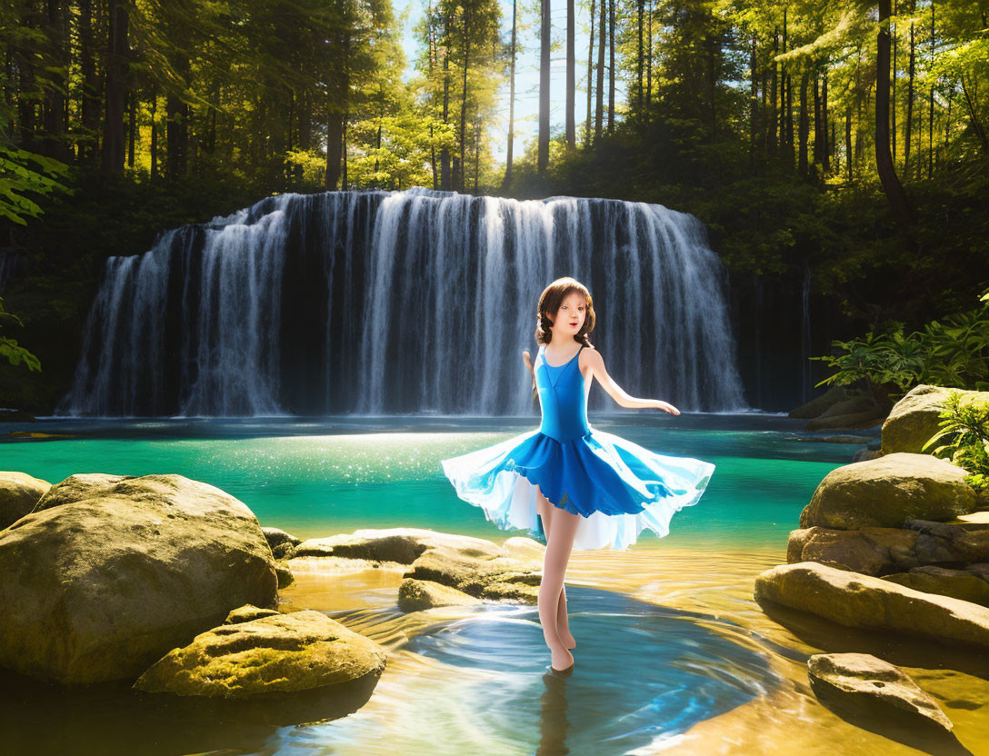 Young girl in blue dress dancing by serene woodland waterfall