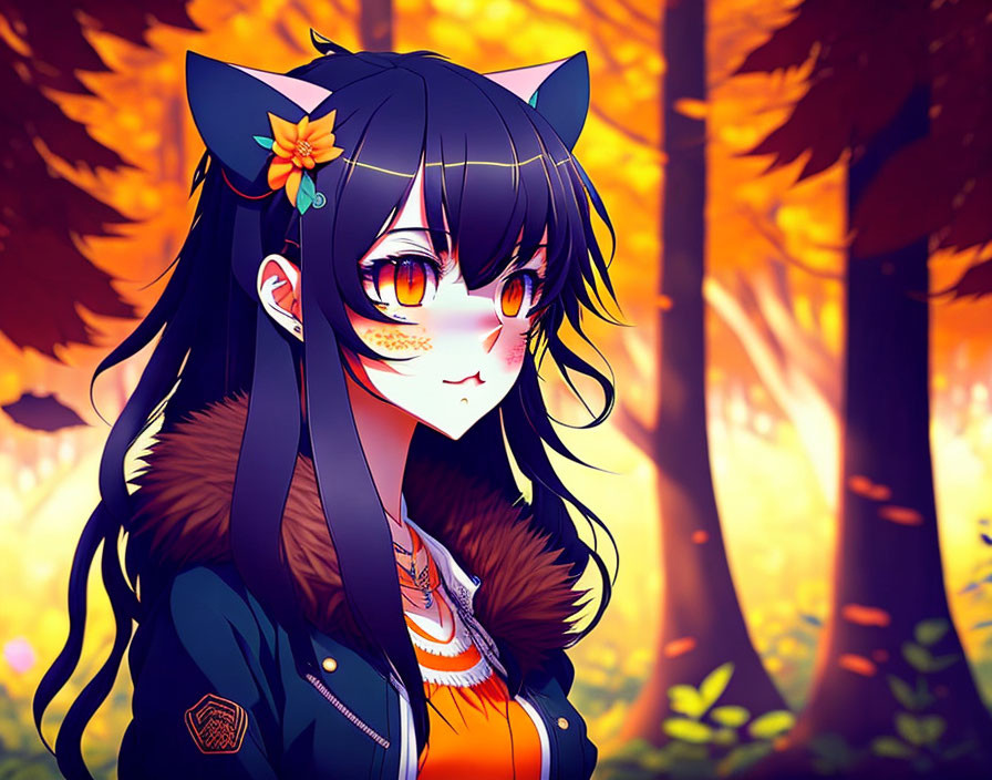 Long-haired anime girl with cat ears and orange hair accessory in front of autumn trees wearing warm jacket