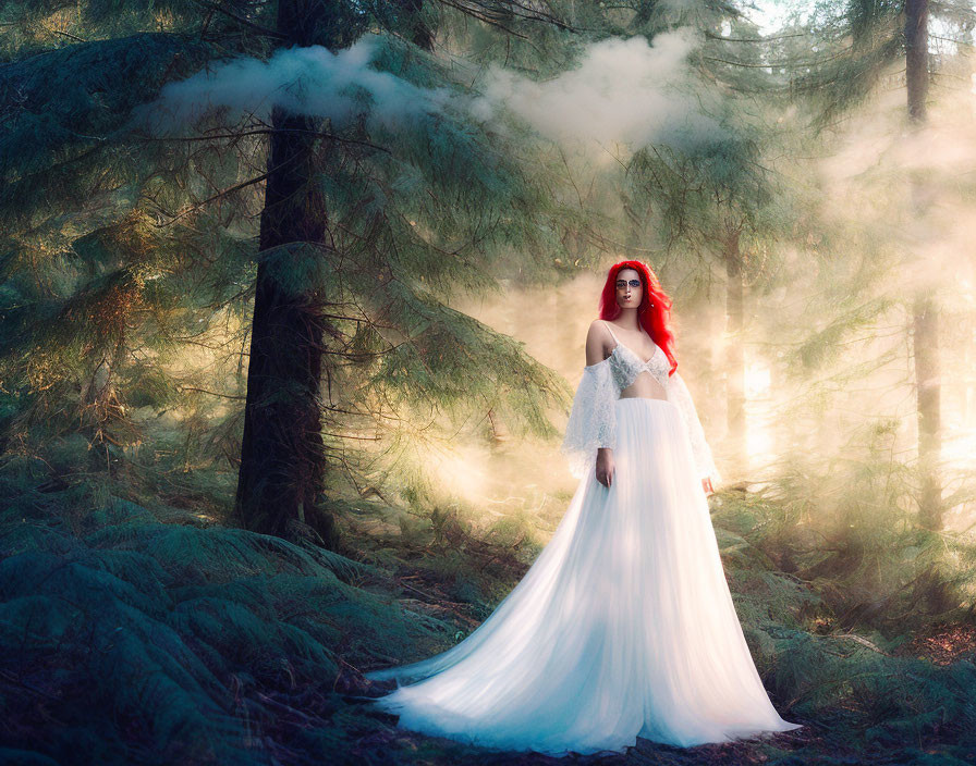 Red-haired woman in white dress in misty forest with sunlight filtering through trees