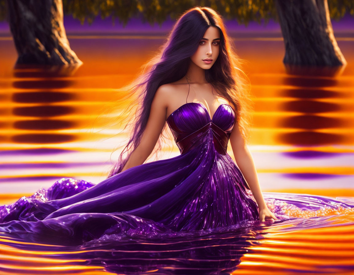 Woman with Long Purple Hair in Flowing Gown Sitting in Water at Sunset