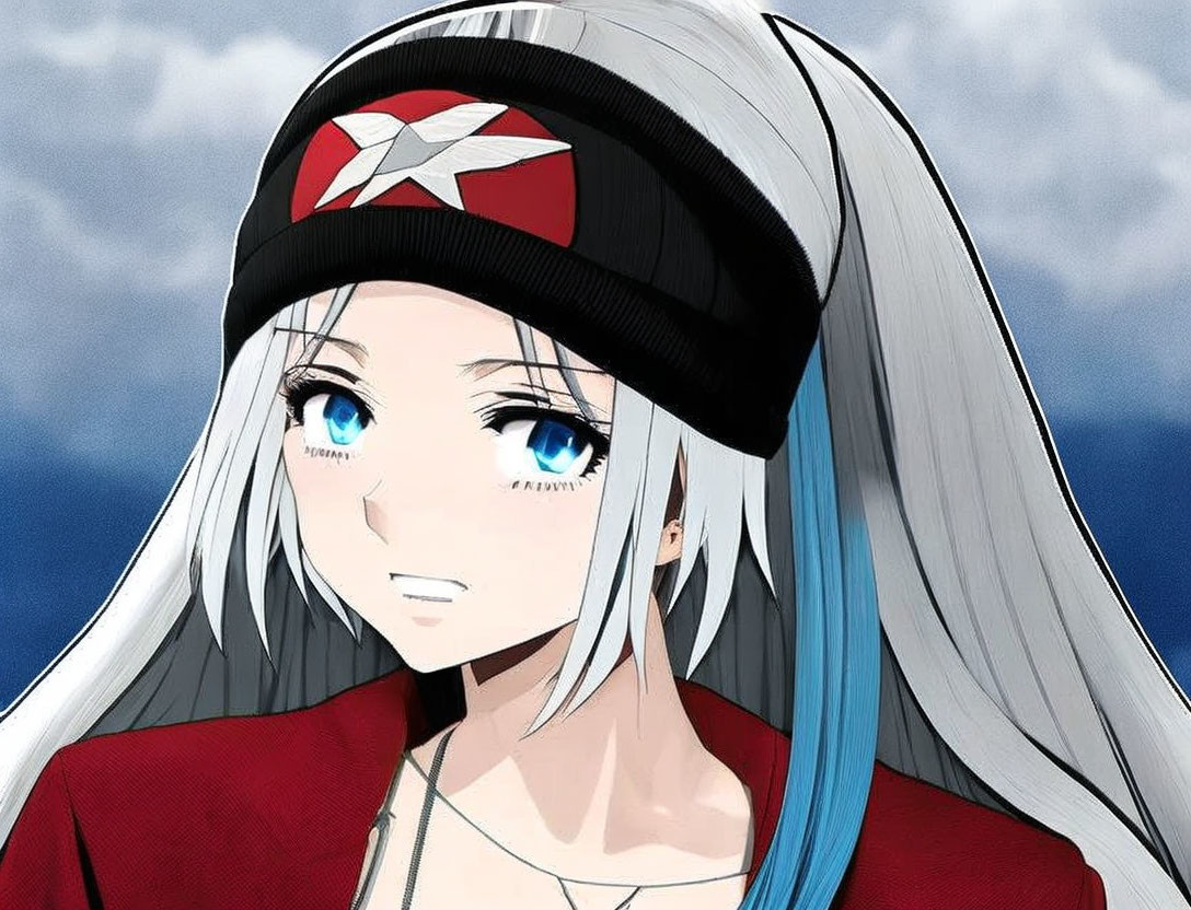 Anime-style female character with blue eyes and white hair in black beanie and red top on cloudy sky