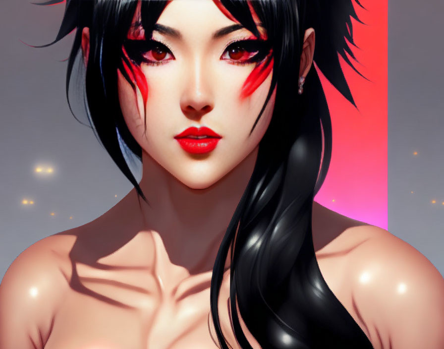 Female character with black hair, red streaks, and bold red lipstick on glowing background