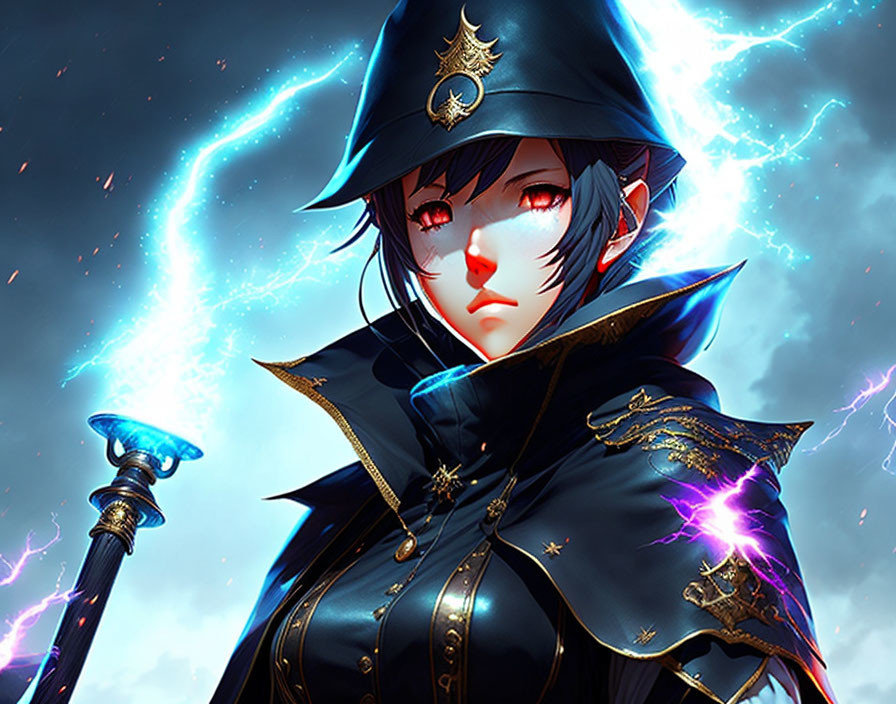 Fantasy character in black uniform under dramatic sky with lightning