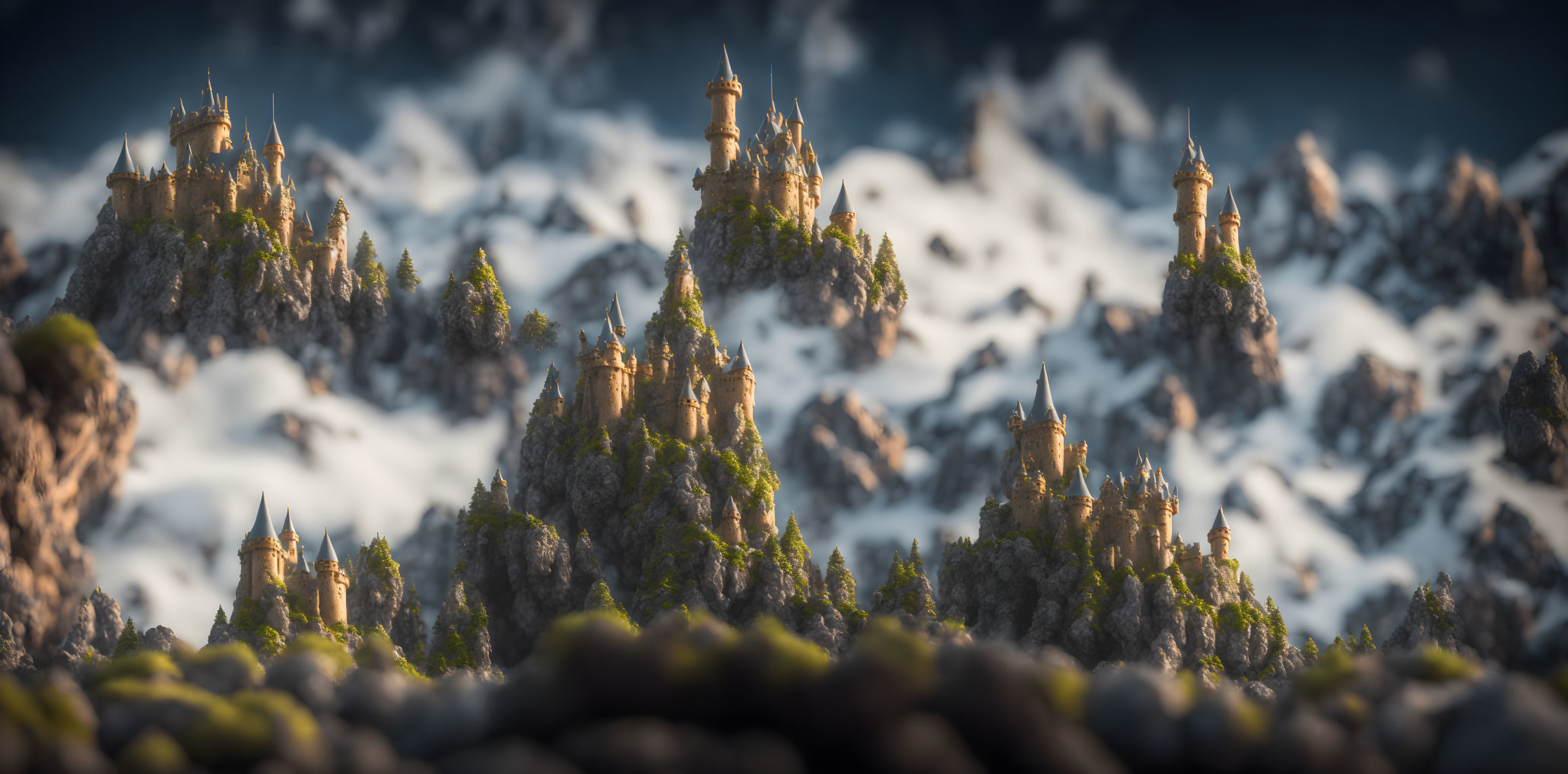 Fantastical landscape with towering spires and castle-like structures atop rugged peaks