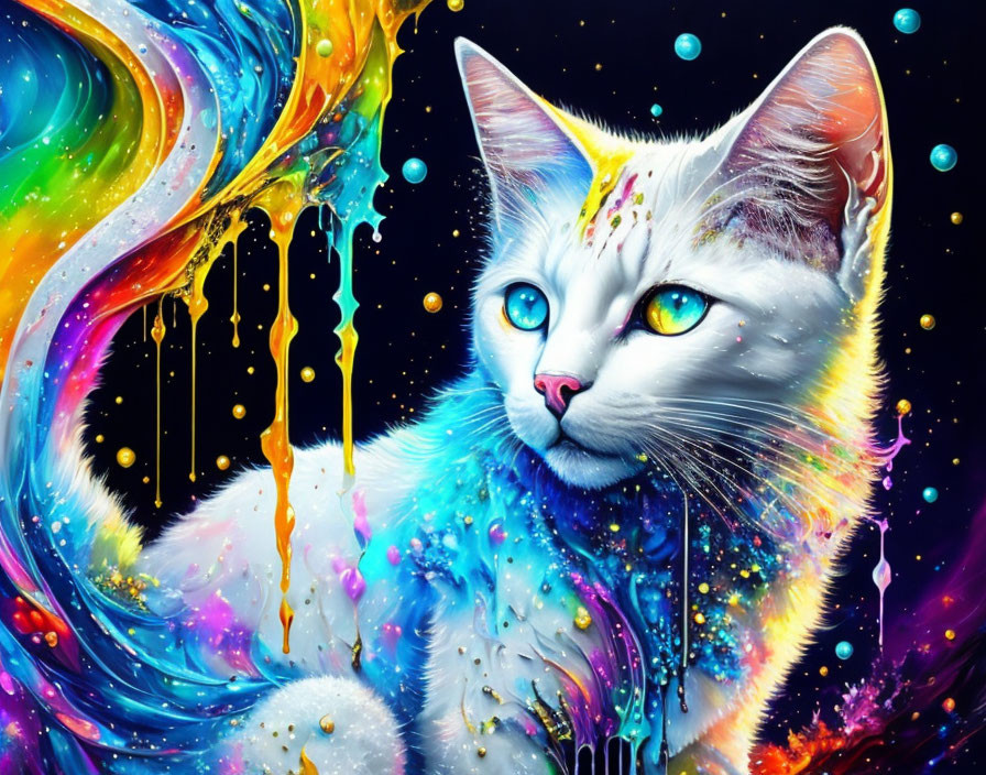 White Cat with Blue Eyes in Colorful Cosmic Swirl