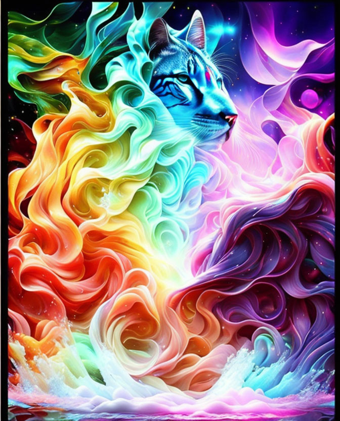 Colorful Digital Artwork: Cat's Head in Cosmic Swirls