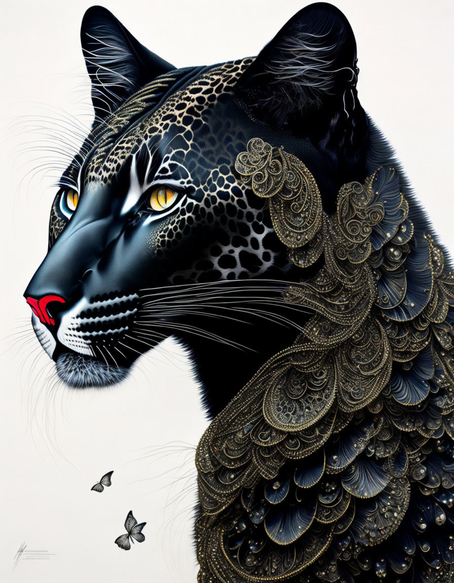 Patterned Black Leopard with Golden Accents and Red Nose Alongside Two Butterflies on White Background