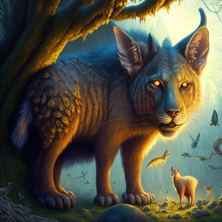 Lion-bodied mythical creature with scales in mystical forest gazes at tiny fox