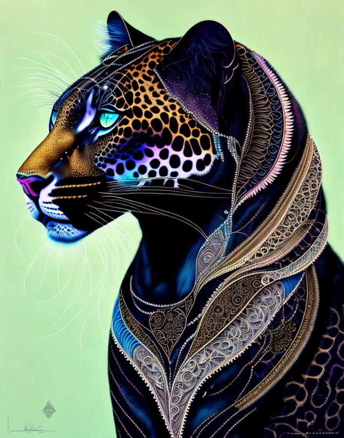 Leopard digital art with intricate patterns on green background