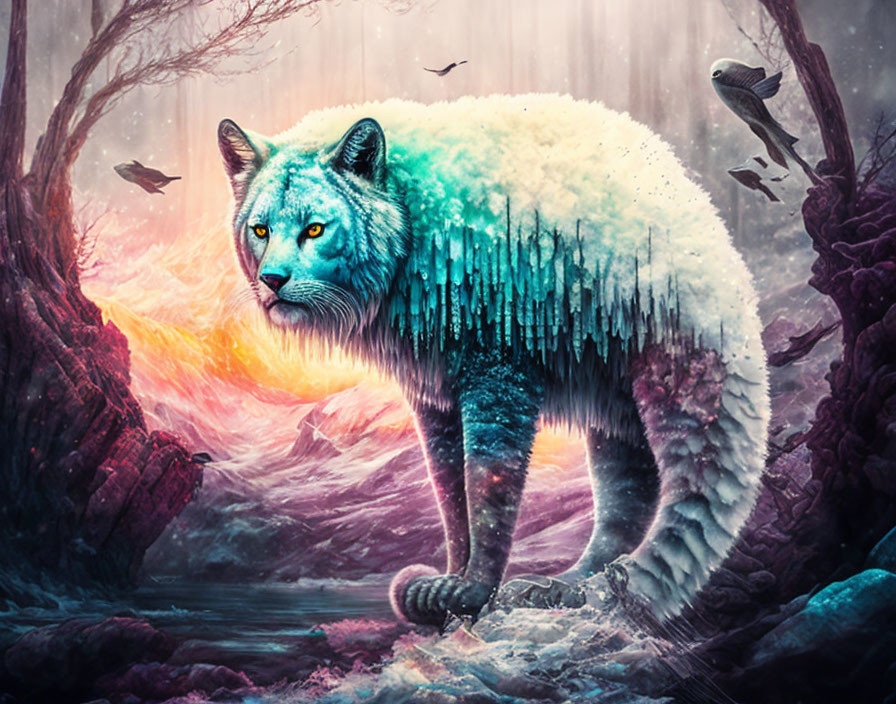 Large snow-covered feline with icy mane in mystical forest scene