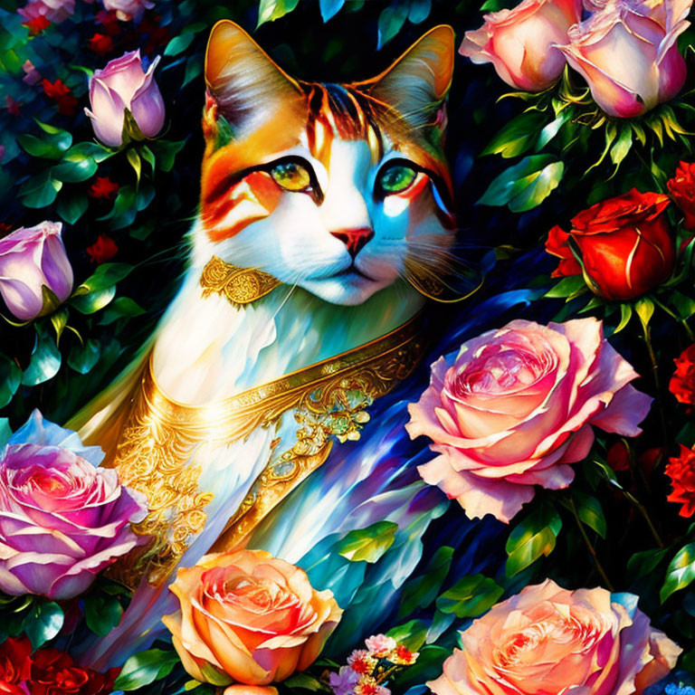 Regal cat surrounded by vibrant roses in blue robe