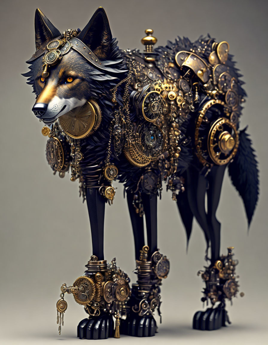 Steampunk mechanical wolf with gears and clockwork elements