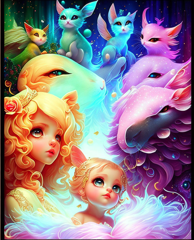 Colorful fantasy illustration: ethereal girls with mystical animals