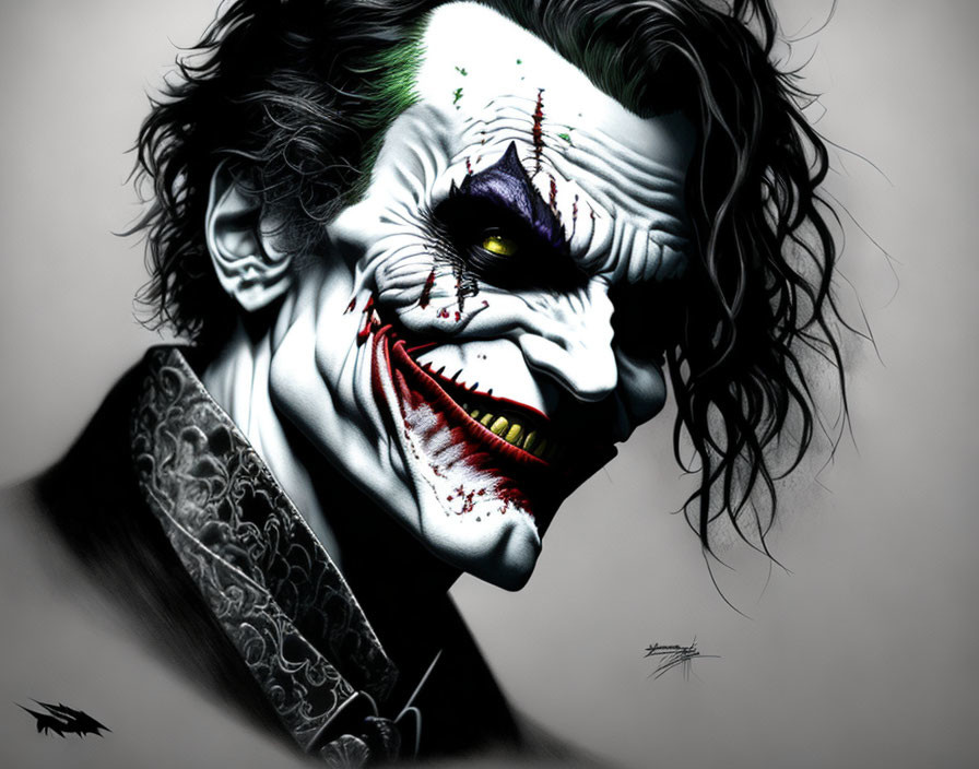 Dark-haired Joker illustration with white face paint, red lips, and green eye accents