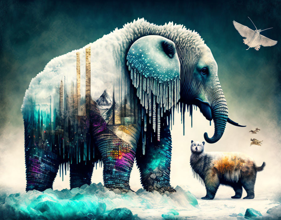 Surreal cityscape with elephant, bear, birds, and hummingbird on icy backdrop