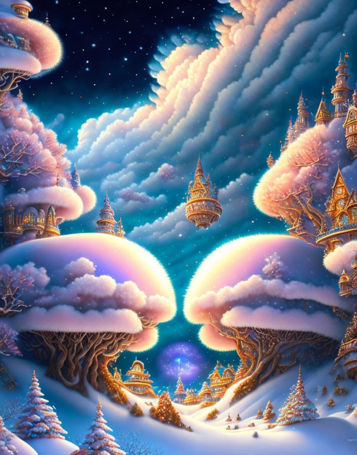 Fantastical winter scene with floating islands and ornate castles