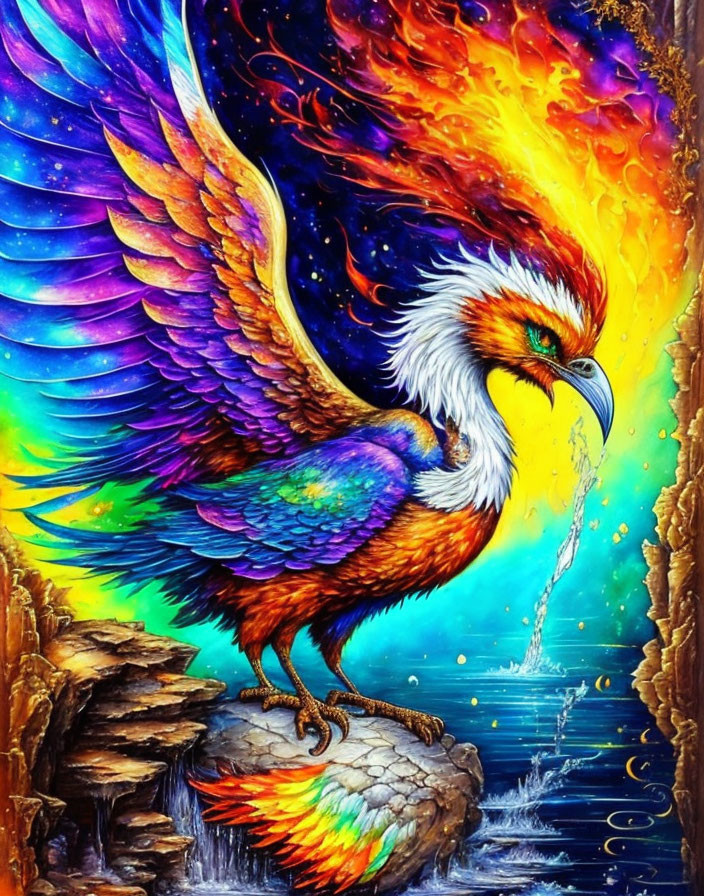 Mythical phoenix with fiery wings perched on rock above cosmic water.