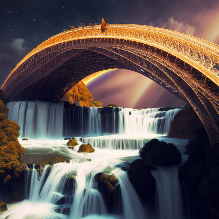 Golden bridge over waterfall with person in red cloak under dark sky