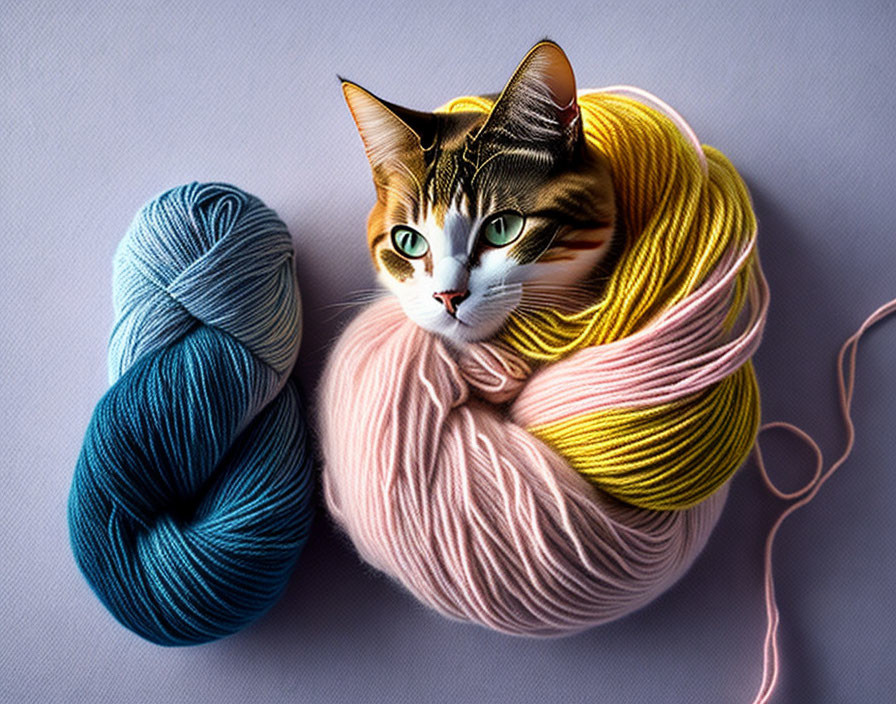 Tabby Cat Head on Multicolored Yarn Ball with Blue Skein on Purple Background