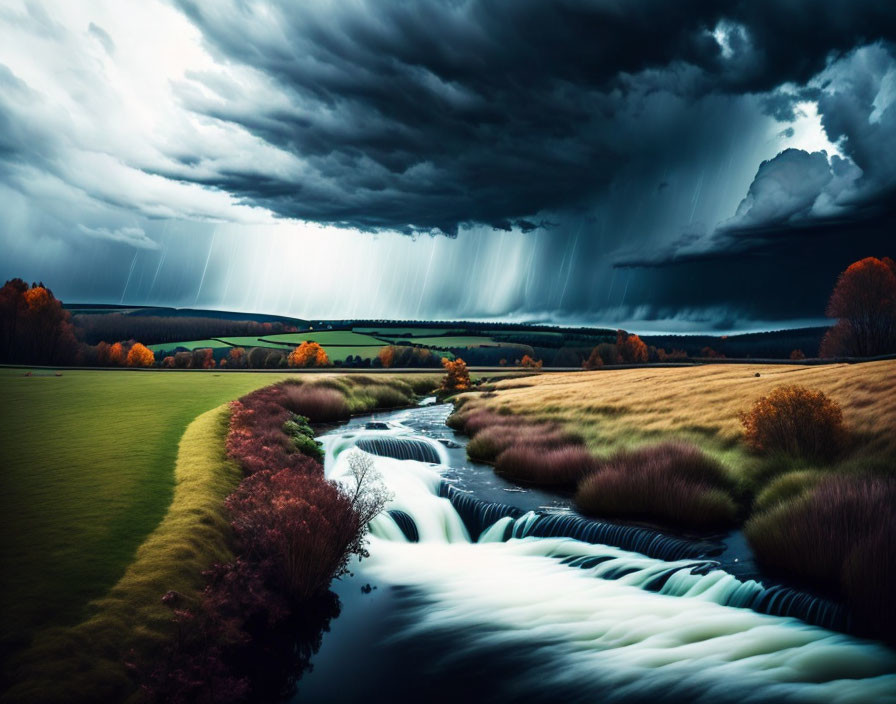 Landscape with cascading waterfall and stormy sky