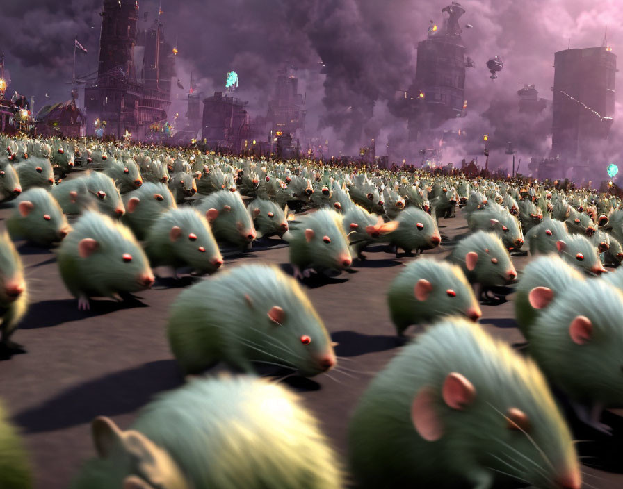 Animated rats army marching towards city with dark smoke and dusky sky